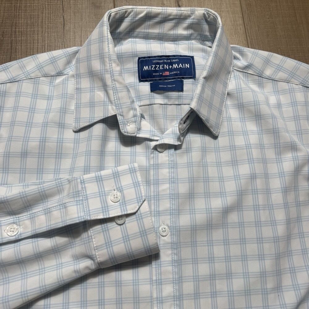 Mizzen+Main Men’s Medium Blue Label White Check Trim Fit Leeward Button Up Shirt